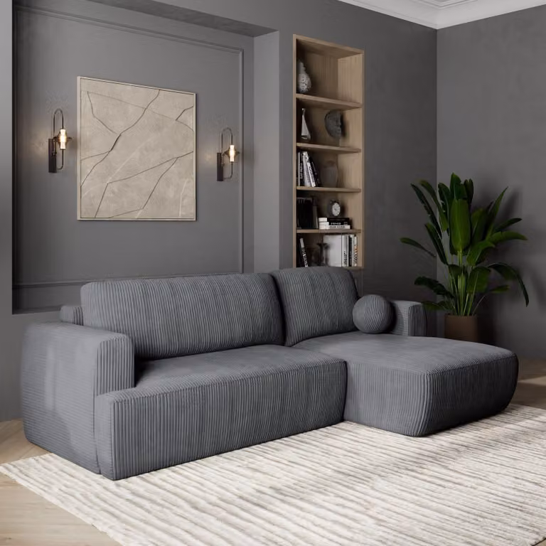 Divano angolare SENTI P R-S di Masseno con funzione letto a L, divano con box letto, divano da salotto, divano, divano, divano letto, set di divani - grigio, POSO 60