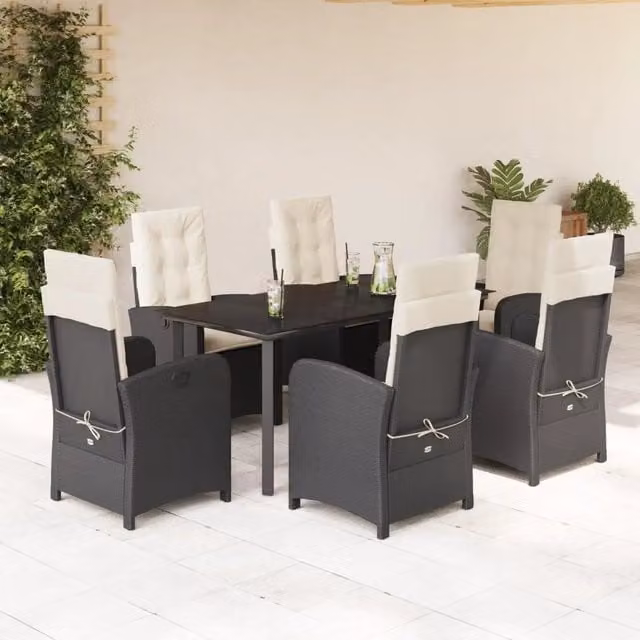 Set da Pranzo da Giardino 7 pz Nero con Cuscini in Polyrattan 3212306
