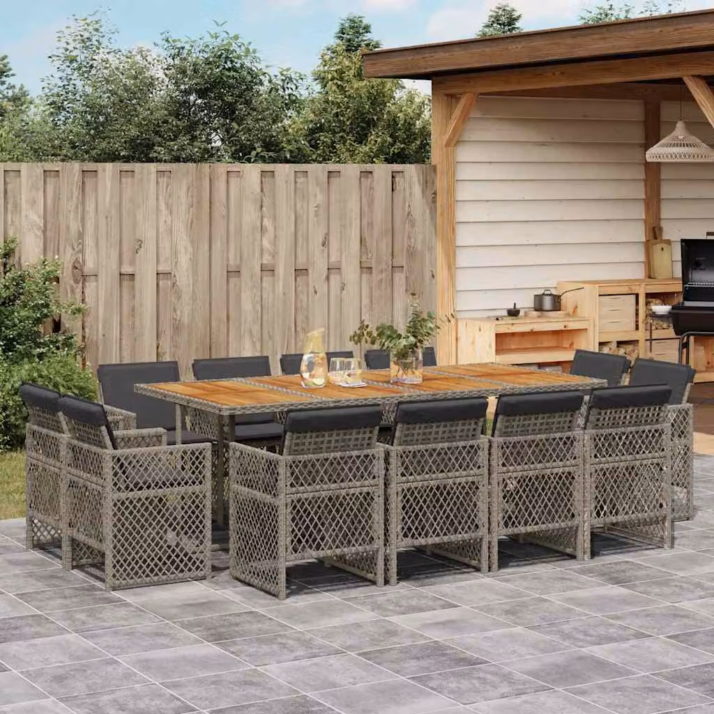 Set da pranzo da giardino vidaXL in polyrattan e legno di acacia con 13 pezzi e cuscini, colore grigio e marrone – 1