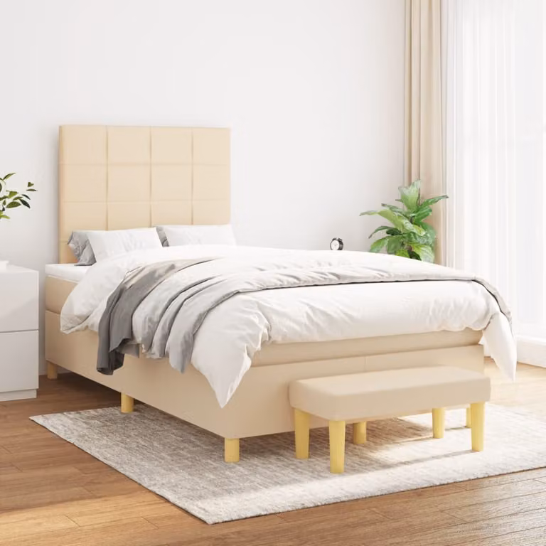 vidaXL Giroletto a Molle Ibrido con Materasso in Tessuto Beige e Bianco L/P/H: 120 x 200 x 128 cm