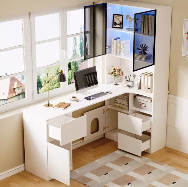 Scrivania angolare con libreria e vetrina LED 120x80x180 cm in MDF bianco