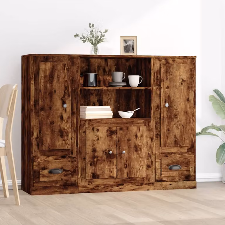 Set di 3 credenze vidaXL in legno multistrato Rovere Fumo, design minimalista a parete, colore marrone e nero