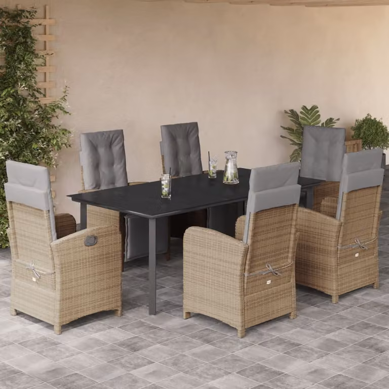 Set da Pranzo da Giardino vidaXL in Polyrattan con Cuscini Beige e Tavolo in Vetro, 7 Pezzi