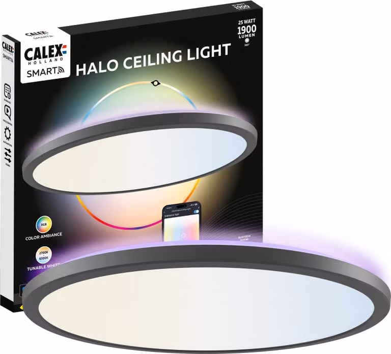 Plafoniera intelligente Calex Halo, 40 cm, RGB/bianco caldo, Wi-Fi, dimmerabile, nera