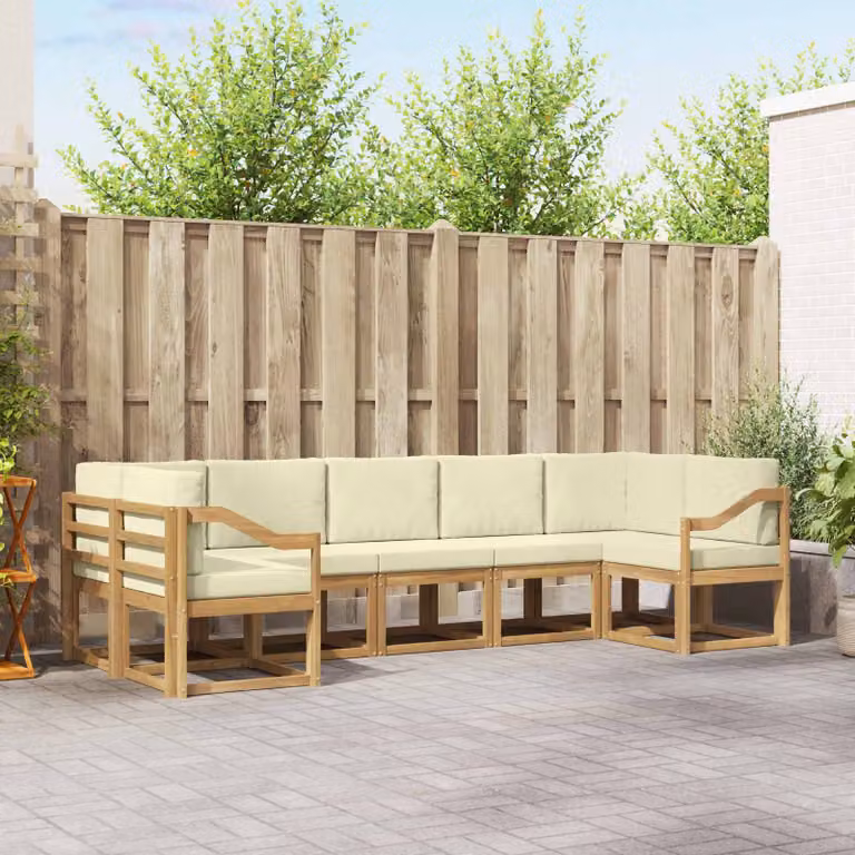 vidaXL Set di divani da esterno a L in legno di acacia con cuscini, 7 pezzi, Bianco, Beige e Marrone