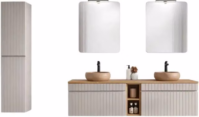 Set ICON Meublorama mobile sottolavabo con nicchie visibili, 2 lavabi rotondi da appoggio, 2 specchi, 2 lampade LED e colonna, L: 180 cm, Colore: beige e marrone