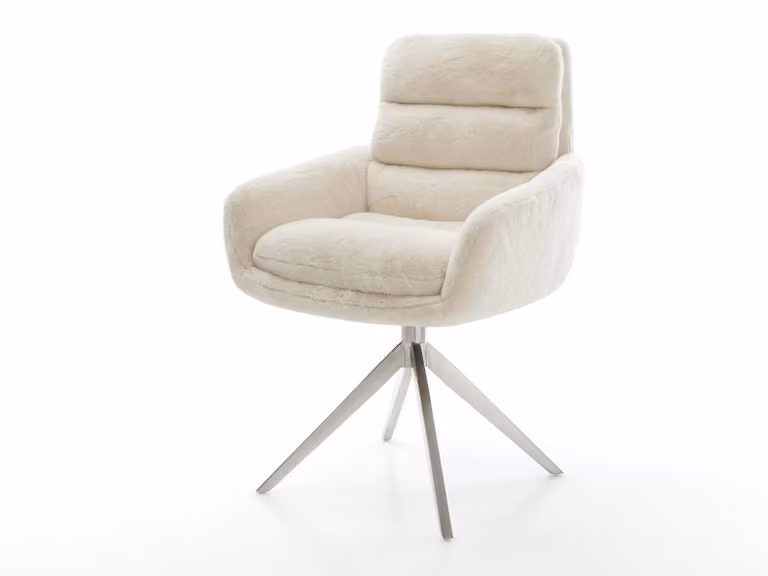 DELIFE poltrona girevole Abelia-Flex con braccioli in peluche bianco panna con struttura a croce in acciaio inox ampia e girevole a 360°