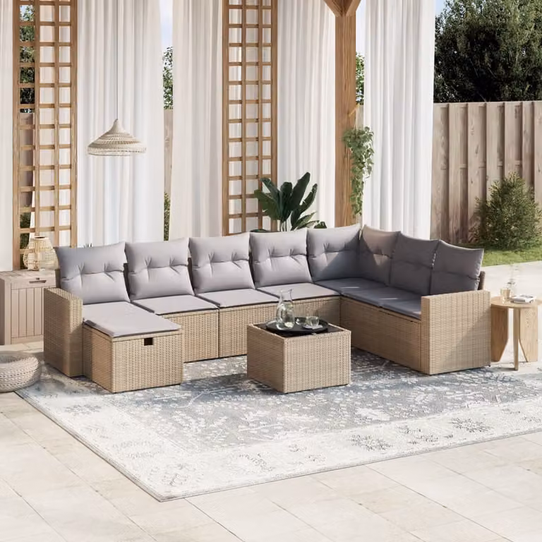 vidaXL Set Divano da Giardino a L 9 pz con Cuscini Beige e Grigio in Polyrattan e Acciaio