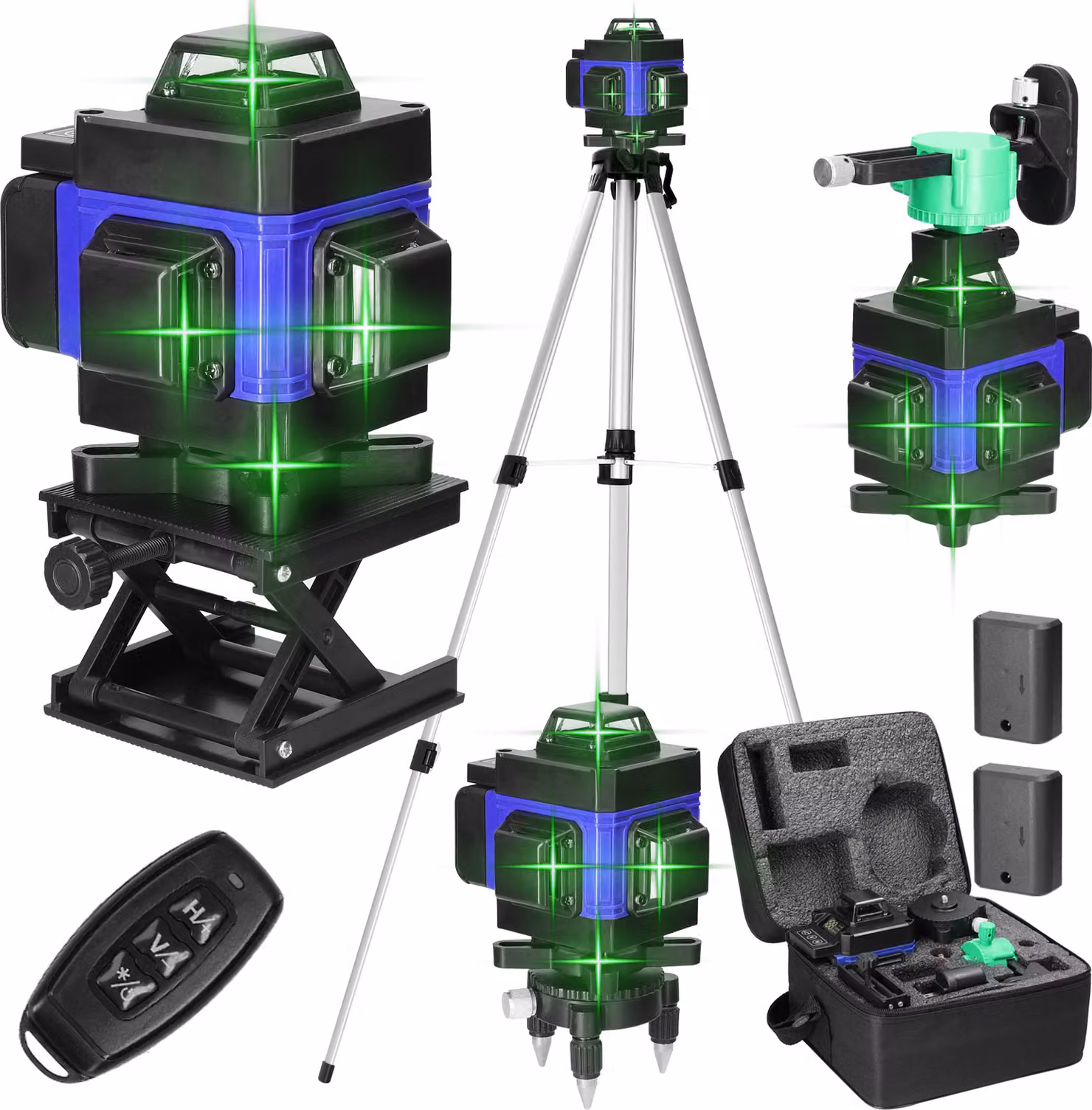 Livella laser 4D a 16 linee – autolivellante ±3°, batteria ricaricabile via USB, con treppiede da 1,2 m e asta di prolunga regolabile in altezza