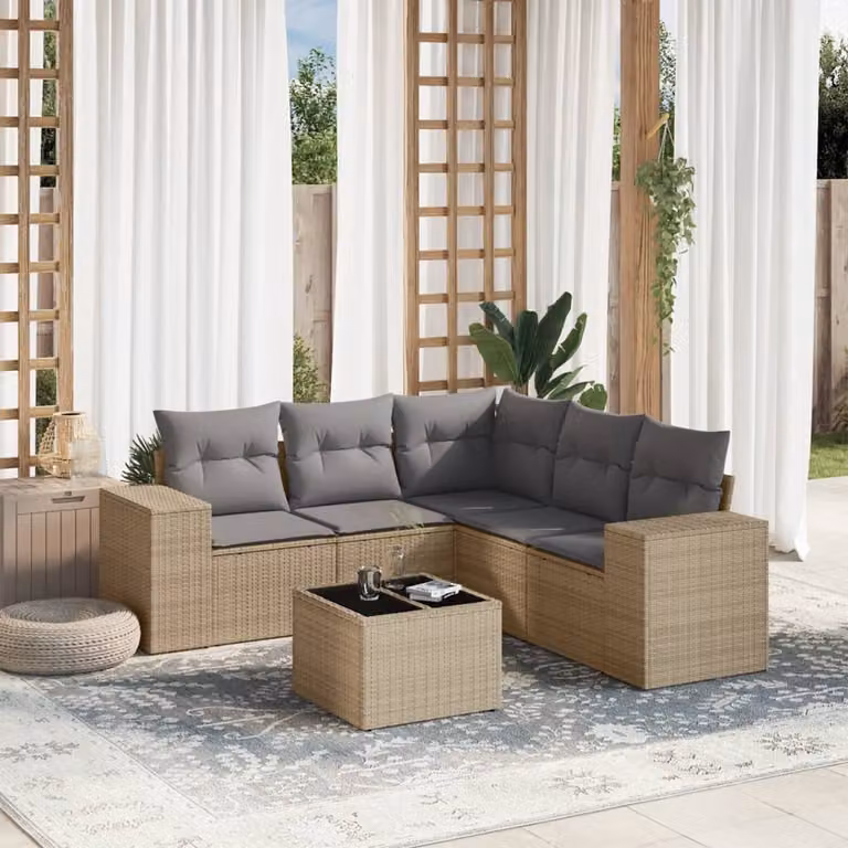 vidaXL Set Divano da Giardino a L 6 pz con Cuscini Beige e Tavolino in Polyrattan e Acciaio