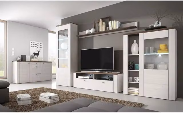 Salon complet SANTIAGO – Bianco effetto legno e quercia – Vetrina, buffet alto, mobile TV, buffet e scaffale – Stile design moderno