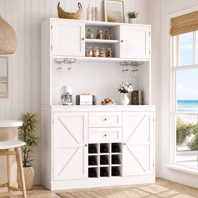 Buffet da cucina bianco in MDF con 4 ante, 2 cassetti e ripiani regolabili, con portabottiglie e protezione anticaduta, 120x40x188 cm