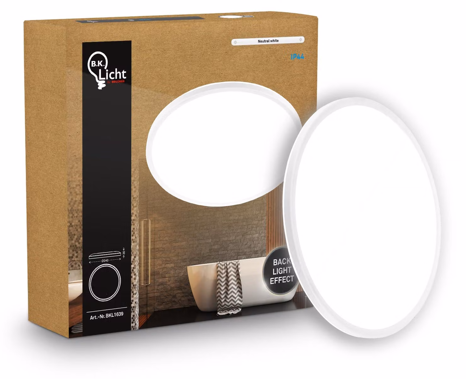 B.K.Licht Pannello LED piatto Ø24cm rotondo 16W 1900lm 4000K bianco neutro protezione dagli spruzzi d'acqua bianco - Lampada da soffitto bagno cucina soggiorno