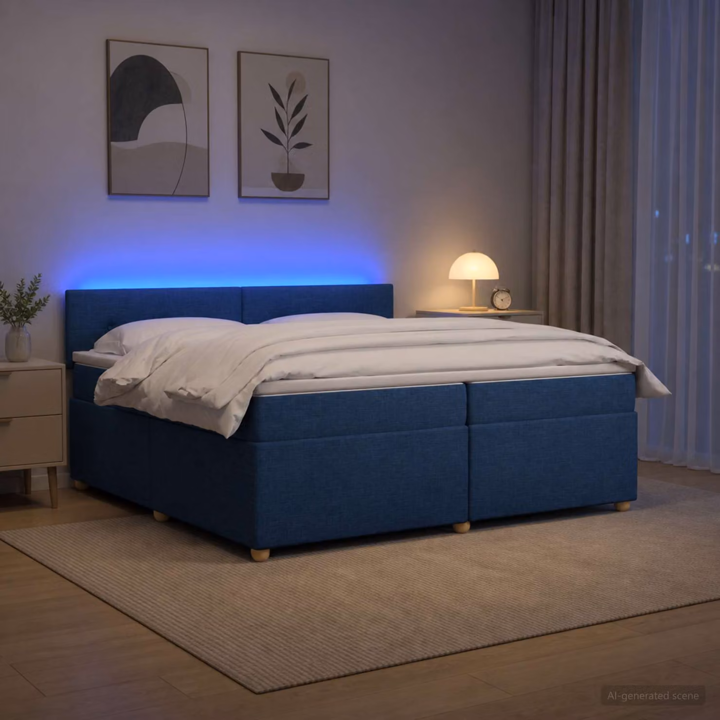 Letto box spring con materasso vidaXL in tessuto blu e bianco, con illuminazione sottostante e porta USB, L/P: 200 x 200 cm