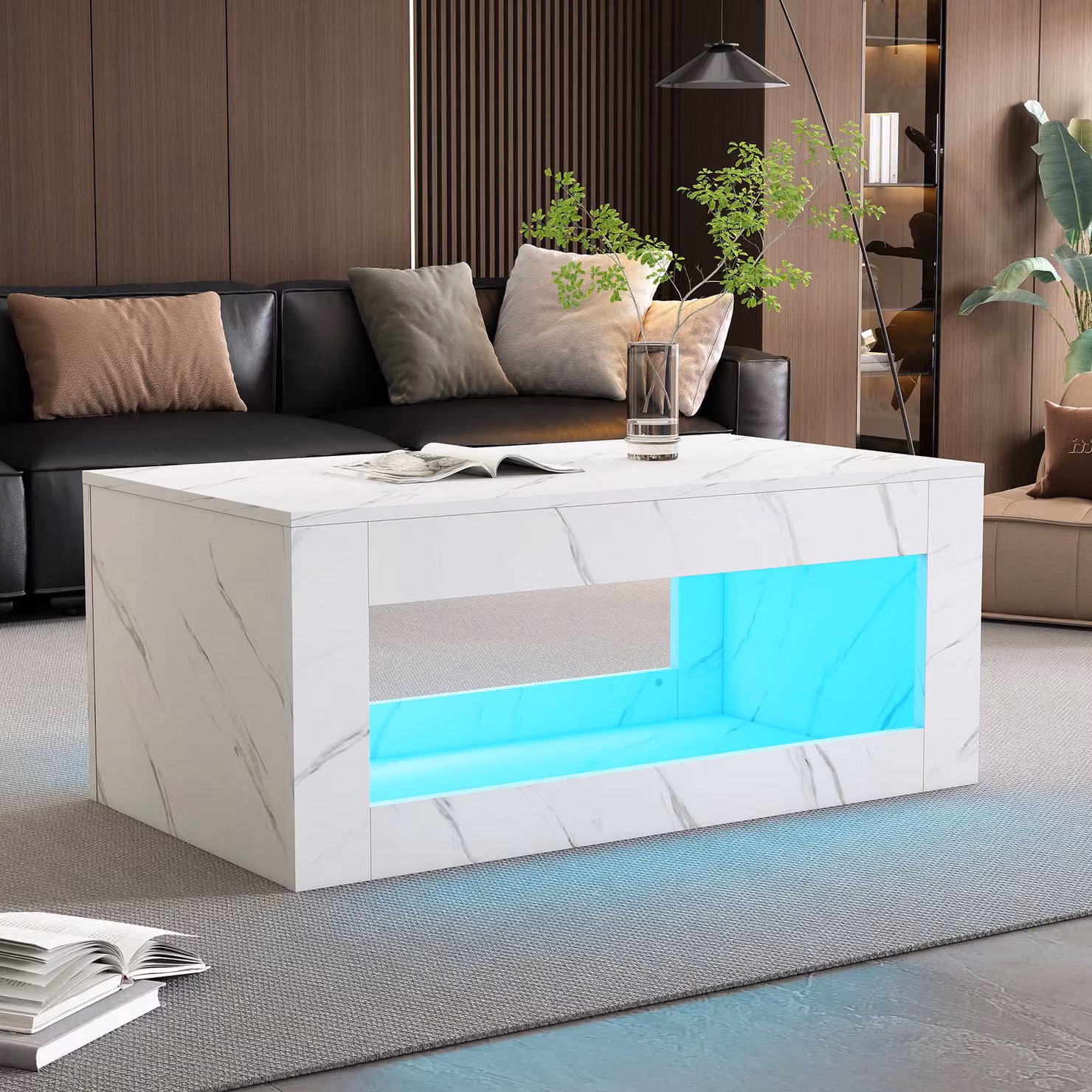 Tavolino MODFU con LED lucido e USB, rettangolare con stampa marmo, per soggiorno e camera da letto, bianco