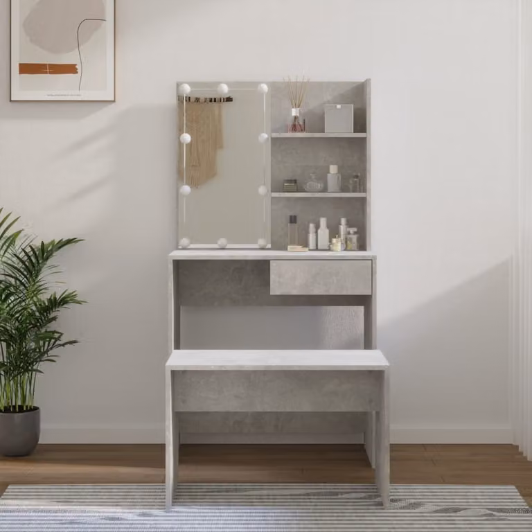 The Living Store Set di tavolini da toilette con LED in cemento grigio a base di legno