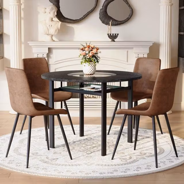 Set tavolo rotondo 100 cm con piano in MDF e vetro; 4 sedie in tessuto e metallo marrone nero