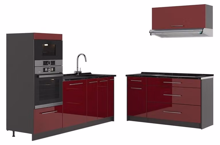 Cucina Vicco Fame-Line Bordeaux lucido/Antracite 340 cm, PL Antracite, Model 63873