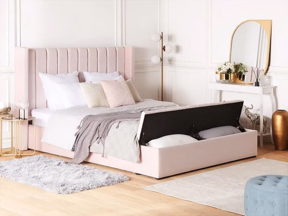 Letto matrimoniale Beliani in velluto rosa con contenitore e scomparti laterali L/P: 180 x 200 cm – 2