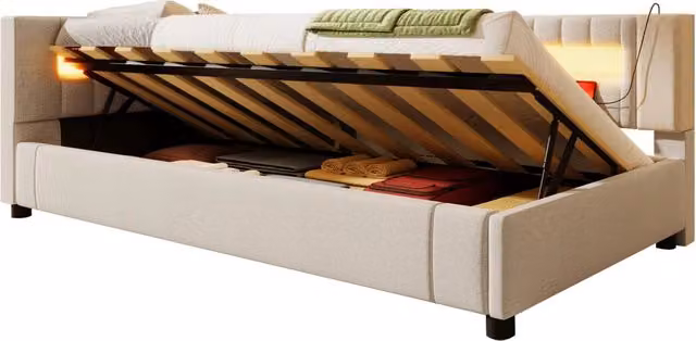 Divano letto 90x200 cm con LED， vano contenitore idraulico， USB e USB-C， in tessuto beige， per camera e soggiorno， senza materasso