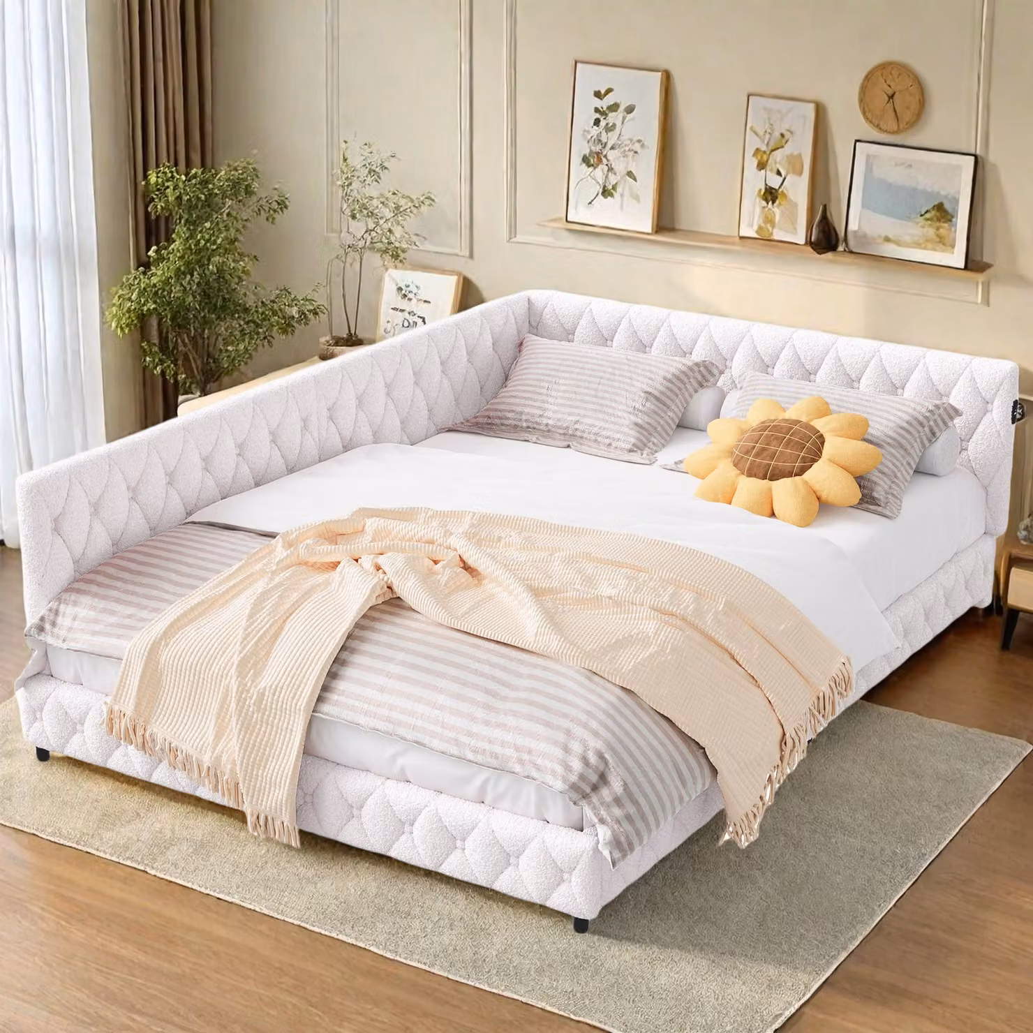 Letto da 140x200 cm in tessuto di coperta beige con illuminazione LED a 360° e porte USB integrate, dal design moderno e accogliente