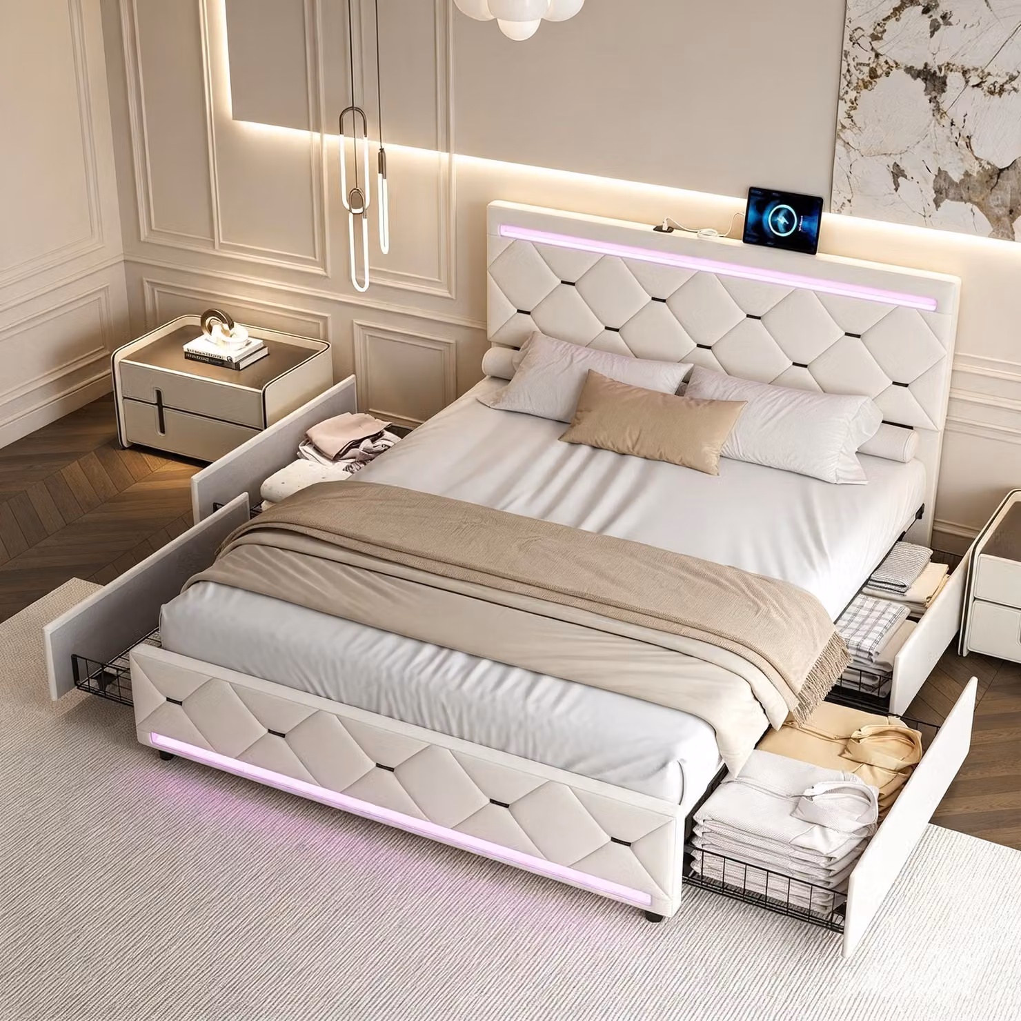 Letto imbottito INONEFT, 140x200 cm, con USB e LED, letto per ragazzi/matrimoniale con 4 cassetti, letto matrimoniale contenitore con rete a doghe, in velluto, color beige