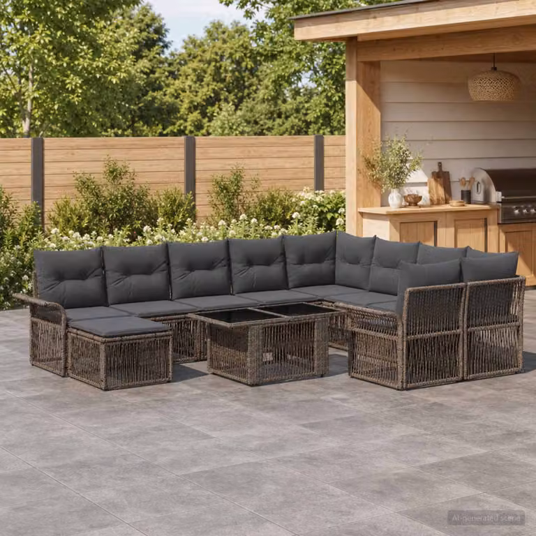 Set Divano da Giardino vidaXL 11 pz in Polyrattan Grigio con Cuscini e Tavolino