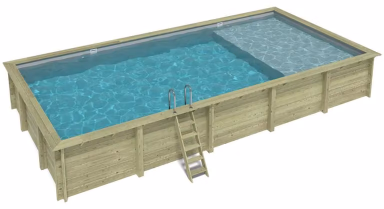 Piscina in legno AQUA 10.2 x 5.2 – H.1.45 m con spiaggia, grigio, Su telaio - senza cementazione