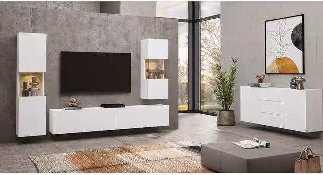 Completo salotto EVA di Meublorama composto da 4 mobili in design moderno, colore bianco e rovere