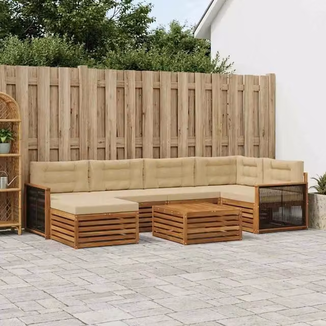 Set di divani da esterno a L vidaXL in legno di acacia con pouf e tavolino, 7 pezzi, Beige
