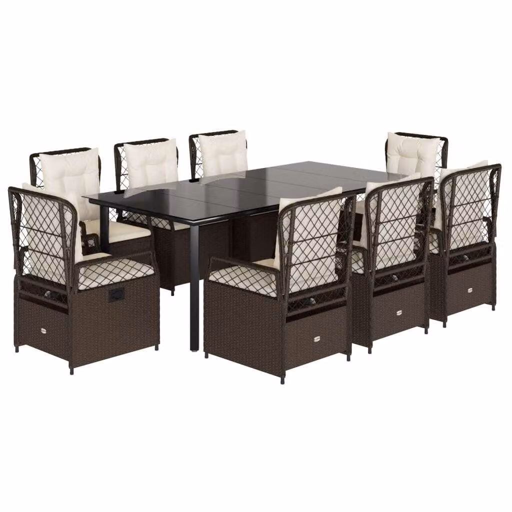 Set da Pranzo da Giardino 9pz con Cuscini Marrone in Polyrattan