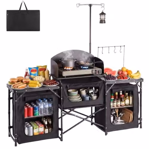 VEVOR Mobiletto Cucina Portatile Pieghevole da Campeggio, Mobiletto da Campeggio 2 Tavolini Laterali Rete Metallica Paravento Rimovibile per Fornello 3 Scomparti Portaoggetti, Stazione Cucina BBQ