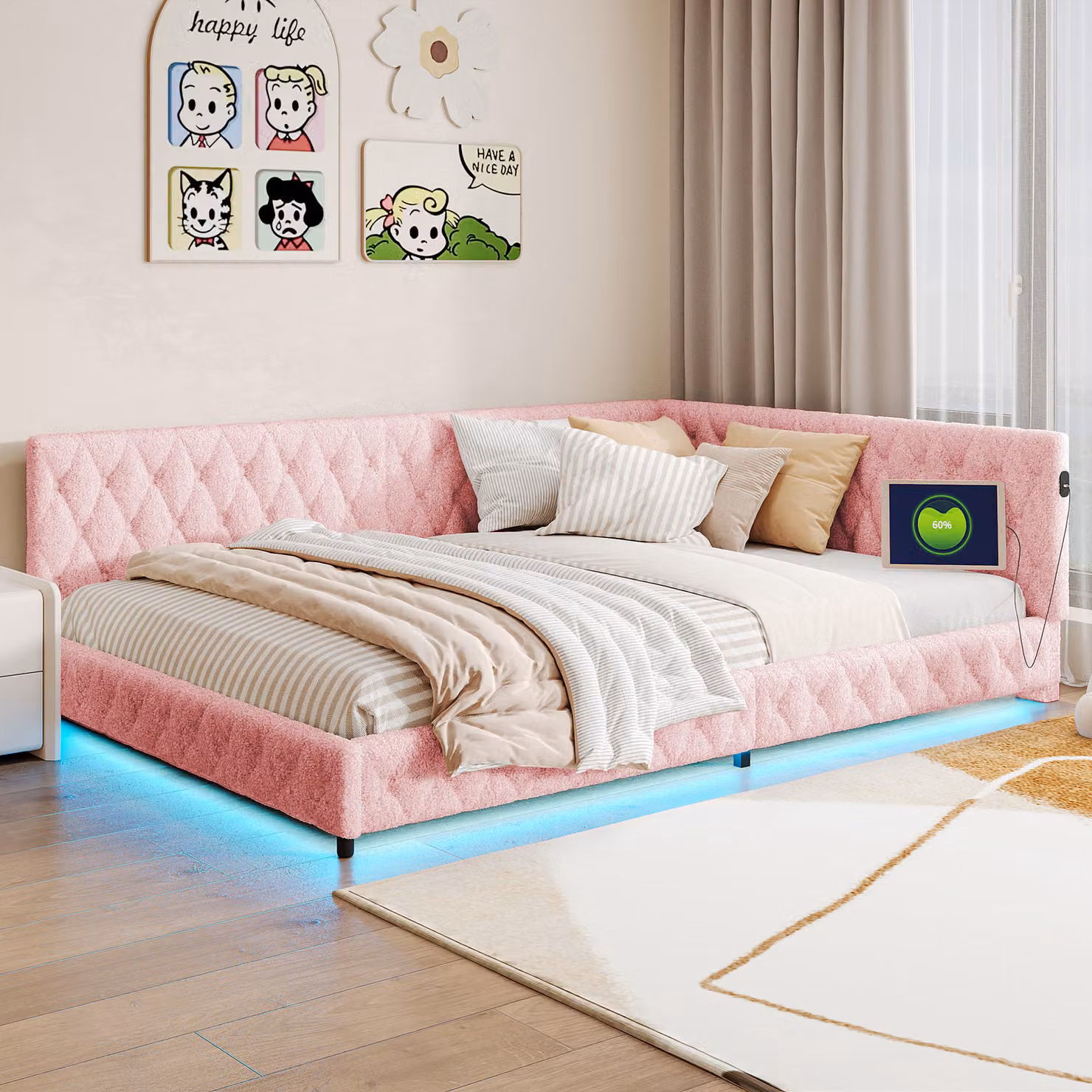 letto matrimoniale 140 x 200 cm con illuminazione LED, connessione USB, cavo di tipo C, rivestimento in peluche, divano letto, rosa