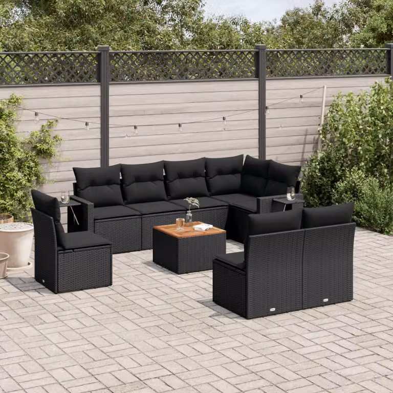 vidaXL Set Divani da Giardino a Forma di U in Polyrattan Nero con Cuscini e Tavolino da Esterno