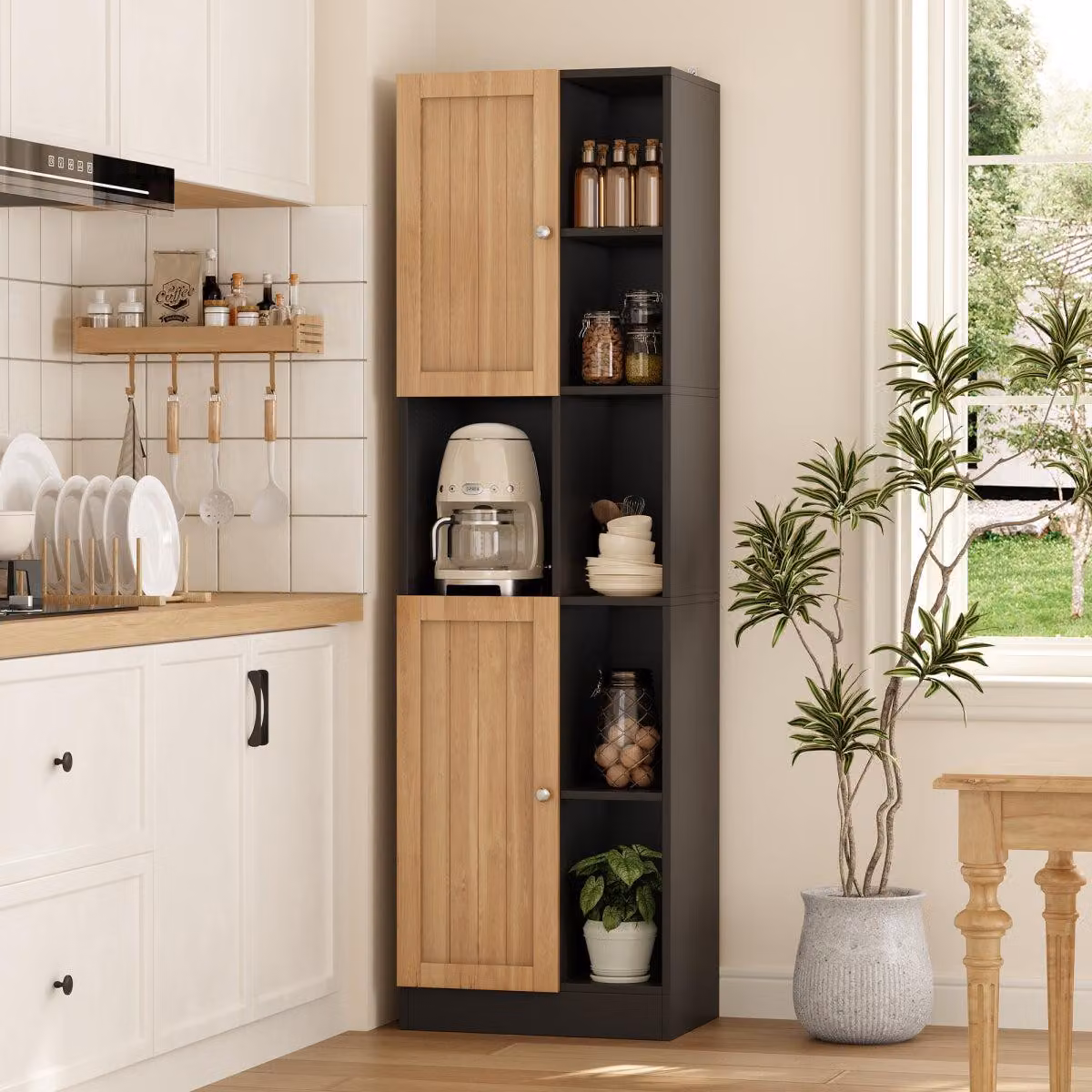 Armadio a colonna per cucina, con 6 ripiani aperti, 2 ante e ripiani interni regolabili, sistema di sicurezza anticaduta, dimensioni 50x35,5x170 cm, colore antracite/noce