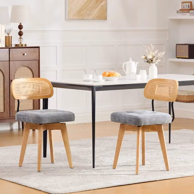 Set di 2 sedie girevoli 360° da cucina in stile Mid-Century con schienale in rattan intrecciato e seduta imbottita in chenille, grigio