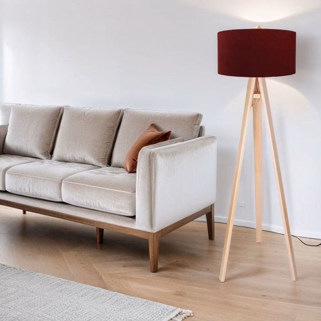 Lampada da terra treppiede legno tessuto 140 cm piccola Bordeaux rosso argento E27 lampada da terra soggiorno