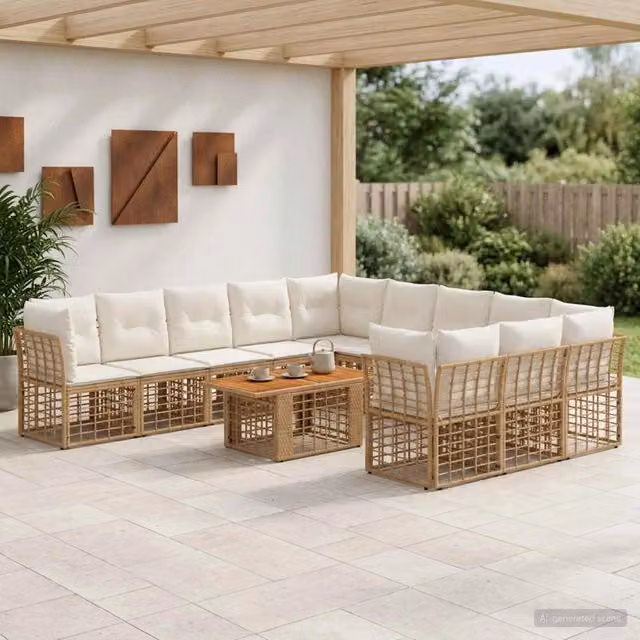 Set Divano da Giardino 12 pz Naturale e Bianco Crema polyrattan 3437920