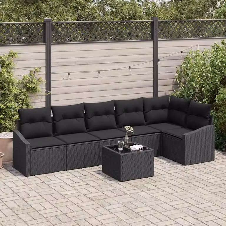 Set Divano da Giardino vidaXL 7 Pezzi Moderno a Forma di L con Cuscini Nero