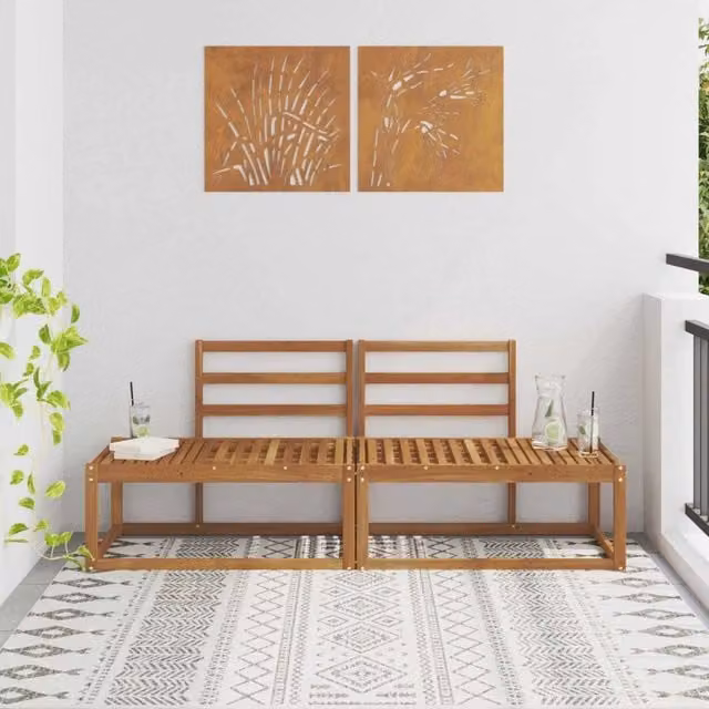 Divano da esterno componibile in legno di acacia 2 pezzi, colore naturale beige e marrone, L: 182,5 cm, P: 63 cm, H: 73 cm