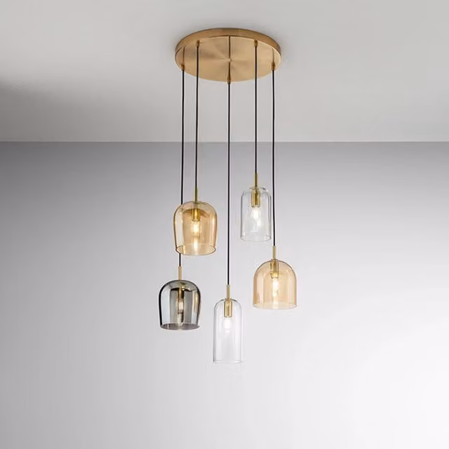 Lampadario Contemporaneo Coro Metallo Ottone Brunito Vetro Multicolor 5 Luci E14