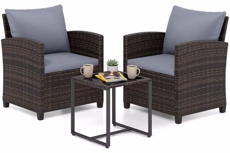 Set di mobili da giardino COSTWAY in polyrattan, mobili da balcone con 2 sedie con cuscini e tavolo in vetro, set da balcone per 2 persone, salottino da esterno marrone-grigio