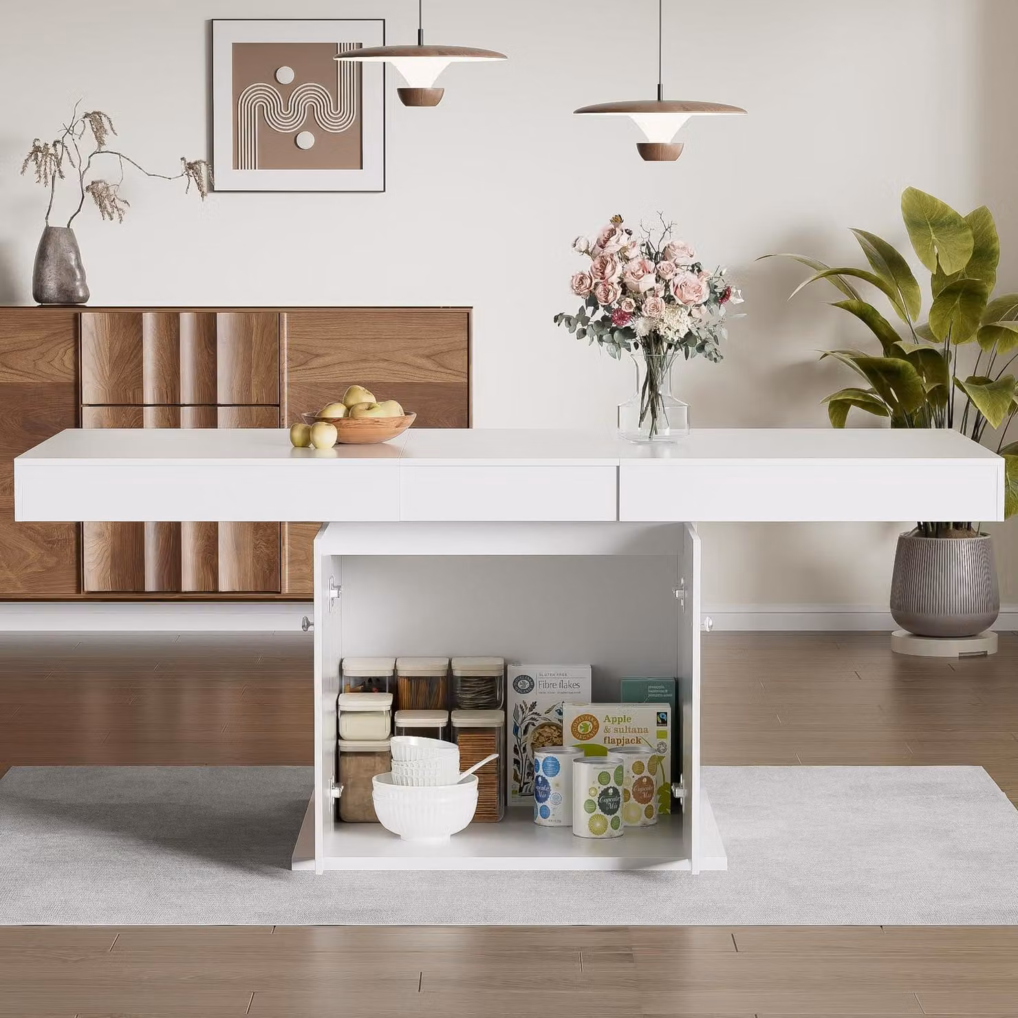 Tavolo da pranzo allungabile con vano portaoggetti, forma rettangolare, colore bianco, dimensioni 140/180 x 80 x 76 cm