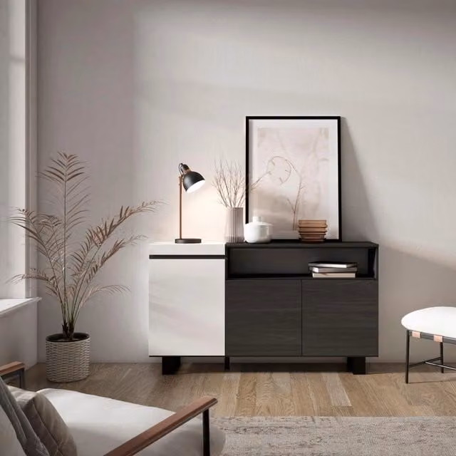 Credenza, Mobile, 150x35x87cm, 3 Porte, Design industriale, Bianco e nero RF2505