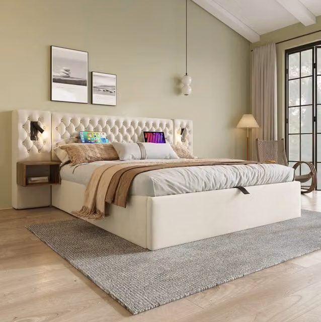 Letto matrimoniale ULEVR 160x200 cm con contenitore idraulico, 2 comodini, luci da lettura USB e Type-C, velluto beige