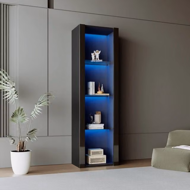 Vetrina alta WISHDOR nera lucida con ante in vetro, ripiani interni e illuminazione LED, L: 55 cm, P: 38 cm, H: 166 cm – 1