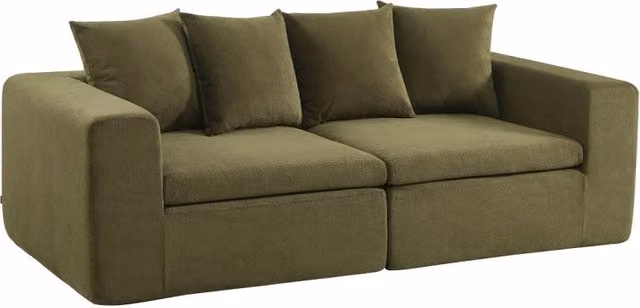Divano modulare SWEEEK a 3 posti in tessuto ciniglia, moderno e combinabile, disponibile in grigio o verde, L: 219 cm, P: 95 cm, H: 82 cm – 1