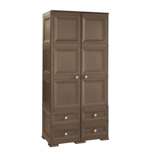 MA MAISON Armadio Guardaroba in Resina con 2 Ante, Appendiabiti e 4 Cassetti – Armadio Multiuso Effetto Legno per Organizzazione Casa (Wengé)