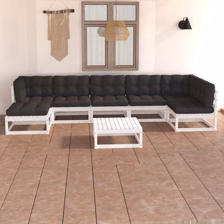 Set Salotto da Giardino vidaXL in Legno di Pino con Cuscini Antracite e Bianchi, Design Moderno a L con Tavolino e Pouf