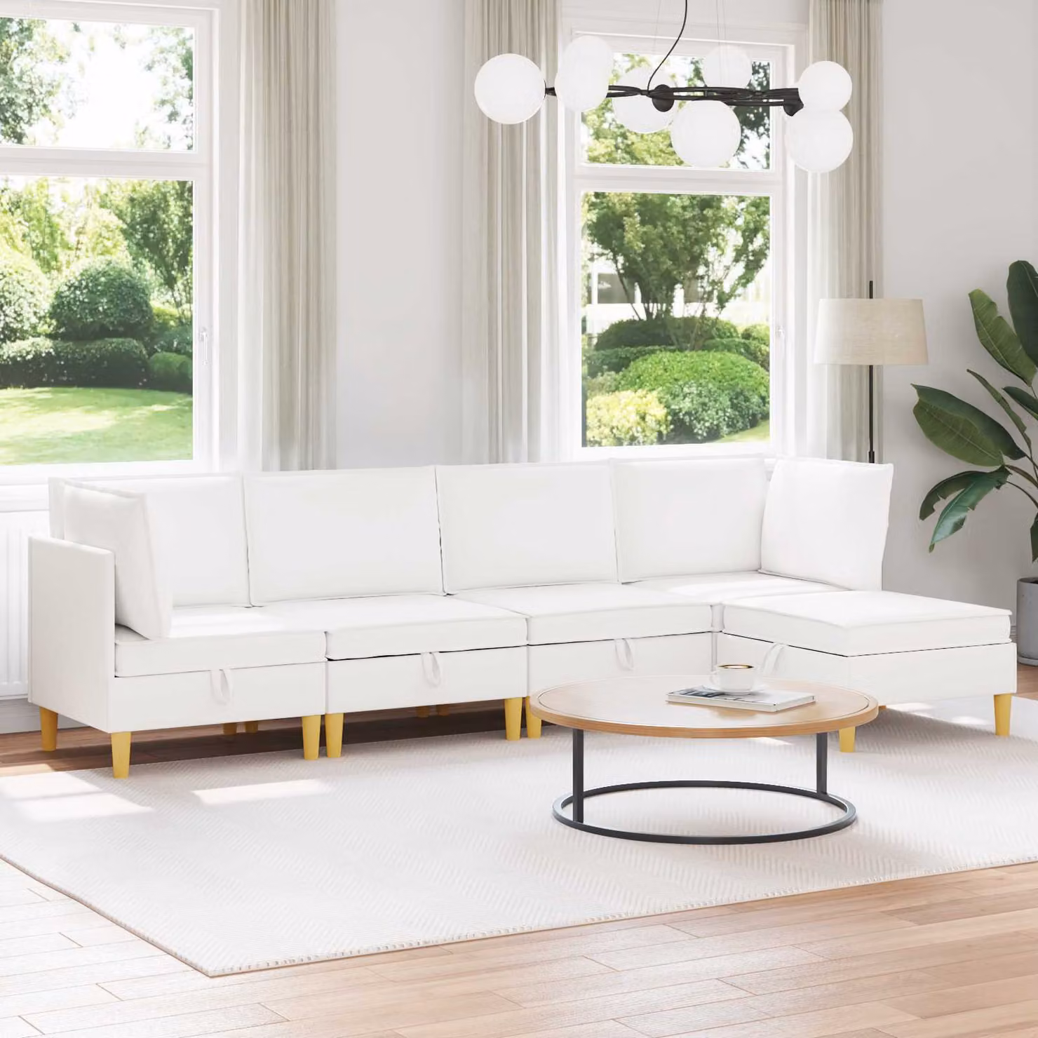 vidaXL Set di divani modulari L-shape da 5 pezzi in tessuto bianco con spazio di archiviazione e coperture rimovibili